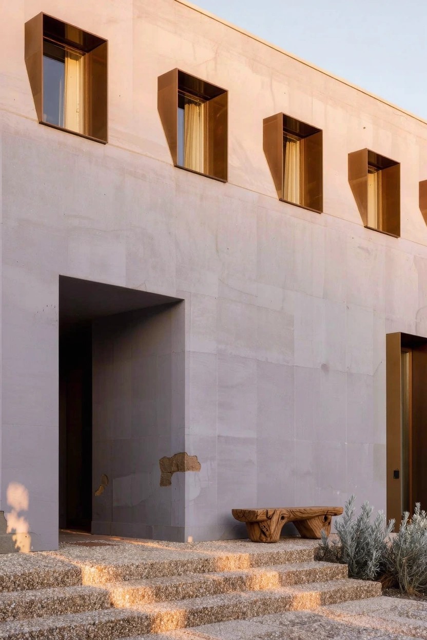 Beige stucco house exterior with four recessed dark-framed windows, wooden entry door, broad stone steps, wooden bench, and desert shrubs.