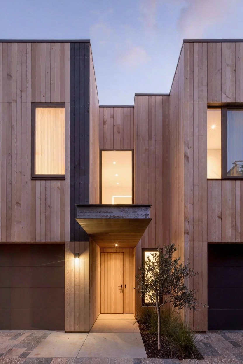Modern house exterior with light vertical wood cladding, black accent panels on the right side, large windows, wooden front door under cantilevered dark overhang, double garage doors, concrete pathway, ornamental grasses, and olive tree at dusk.