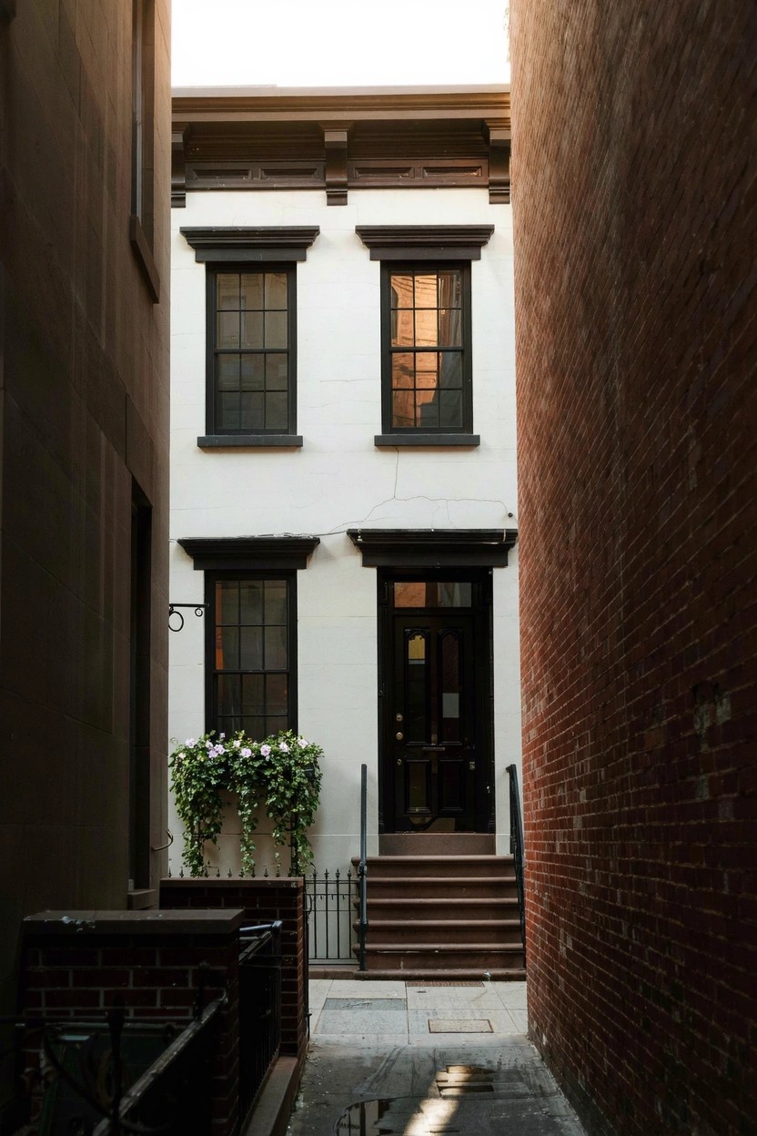 White townhouse with black-trimmed windows and front door between brick walls in a narrow sunlit alley, iron railing and white flower planters at entry steps.