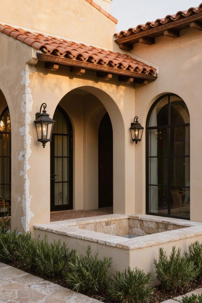 Beige stucco house exterior with red clay tile roof, arched entry porch featuring wooden double doors flanked by black lanterns and arched black-framed windows, plus a raised stone planter box with green shrubs along a stone pathway.