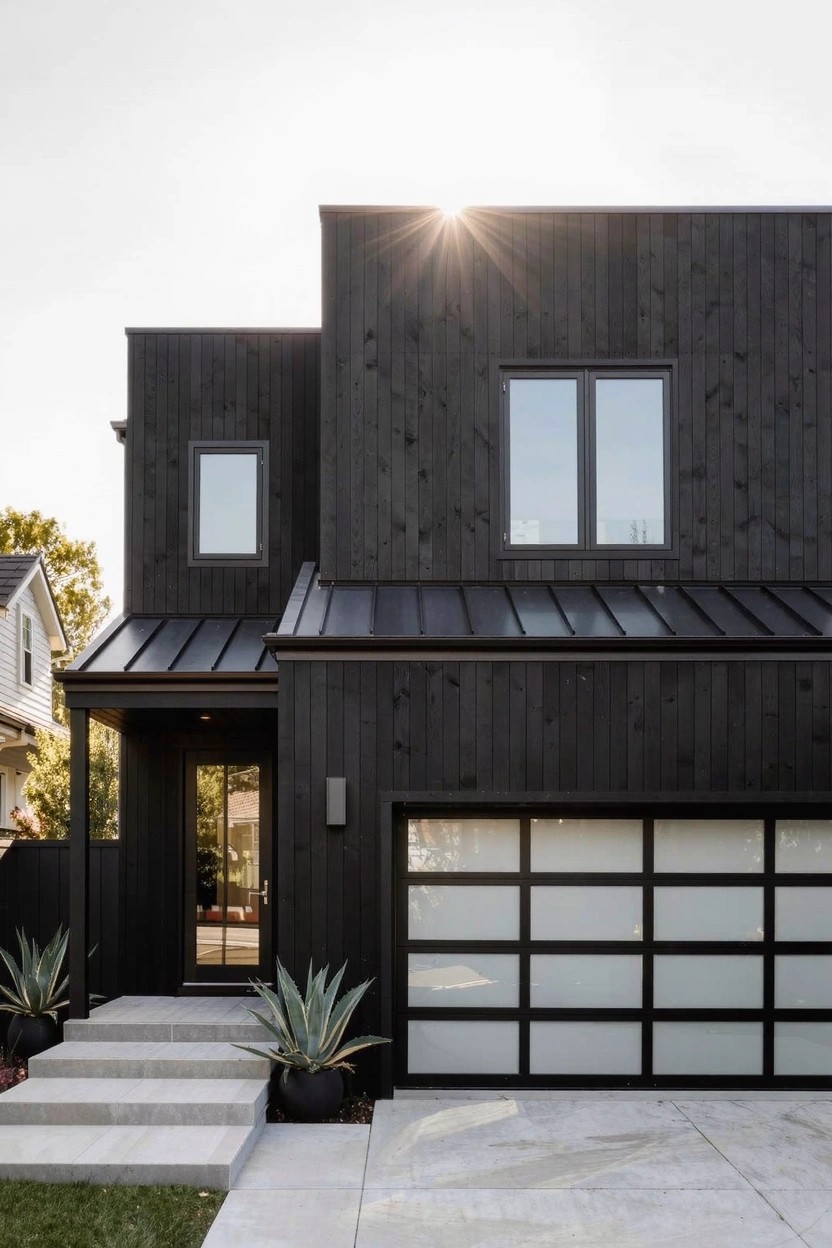 Modern house exterior featuring black wood siding on upper and lower levels, standing seam metal roof, large frosted glass garage door, front entry with concrete steps and agave plants in pots, concrete pathway, and adjacent greenery.