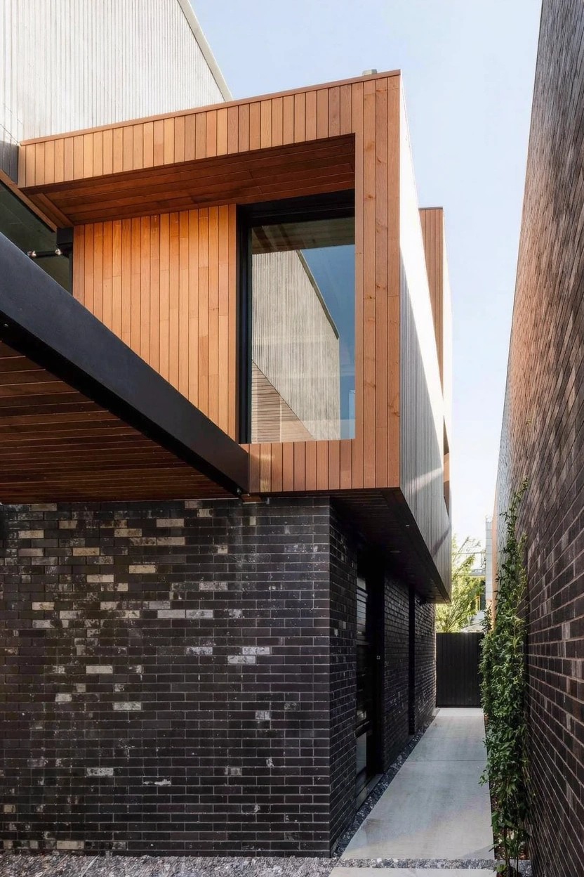 Corner exterior view of a modern house featuring dark brick base, vertical warm timber cladding on protruding upper section with large glass window and black frame, narrow gravel pathway alongside brick wall and greenery.