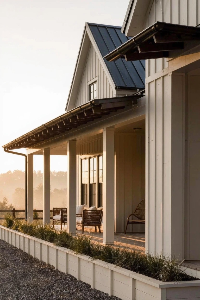 White board-and-batten sided house with dark metal gable roof and deep covered porch on columns, two chairs on porch, raised white planter beds with grasses along base, gravel driveway at dusk.