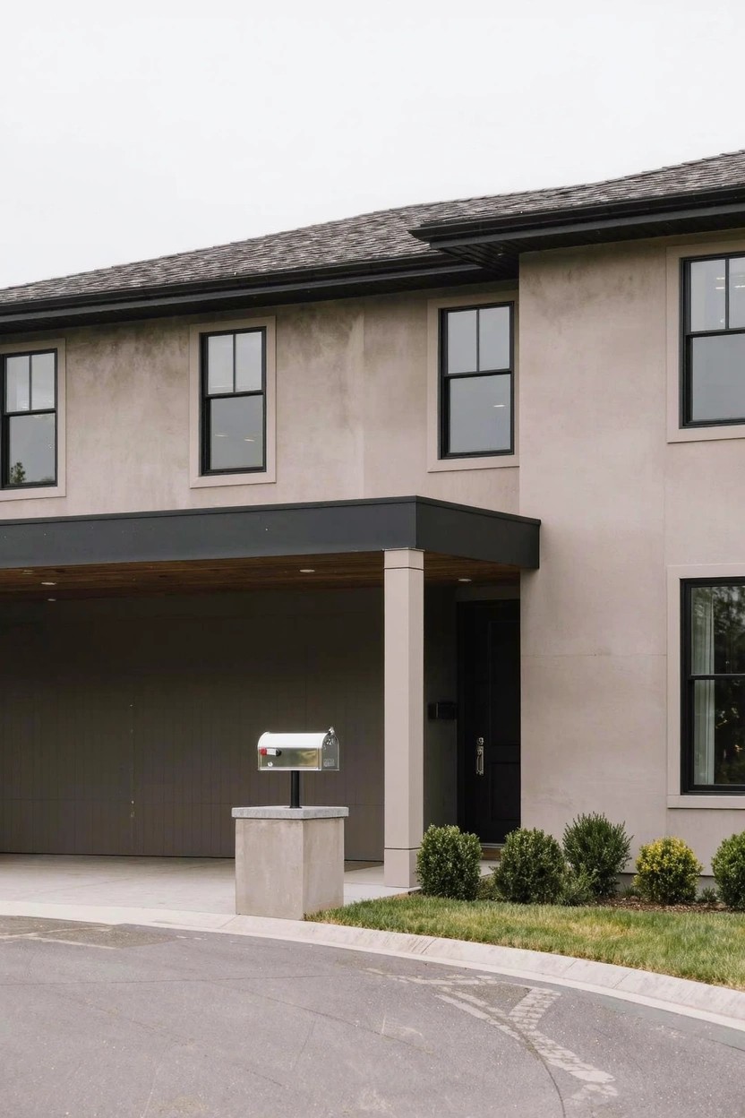 Modern two-story house with light beige stucco walls, black-framed windows and front door, dark roof and trim, open carport supported by concrete pillar, pedestal mailbox, and small round shrubs along the front.