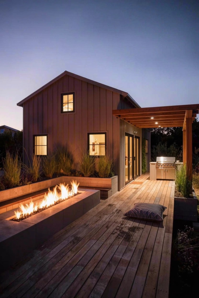Brown board-and-batten siding house at dusk with interior lights on, large glass doors open to wooden deck holding linear gas fire pit with flames, built-in grill under pergola, potted plants, and floor pillow.