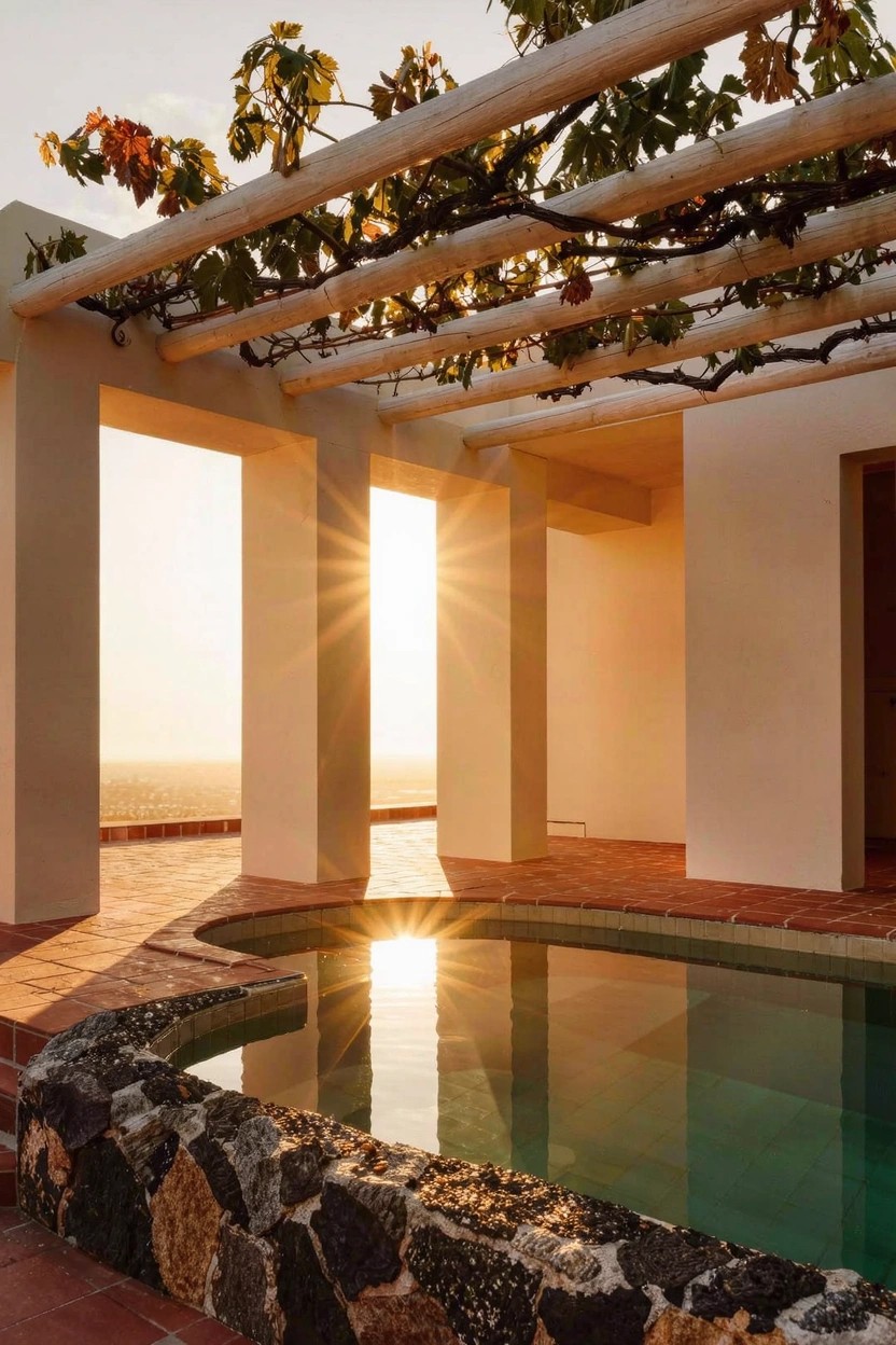 White stucco house exterior with vine-covered wooden pergola supported by columns over a tiled terrace and rectangular pool edged in stone, sun rays at sunset with ocean horizon visible.