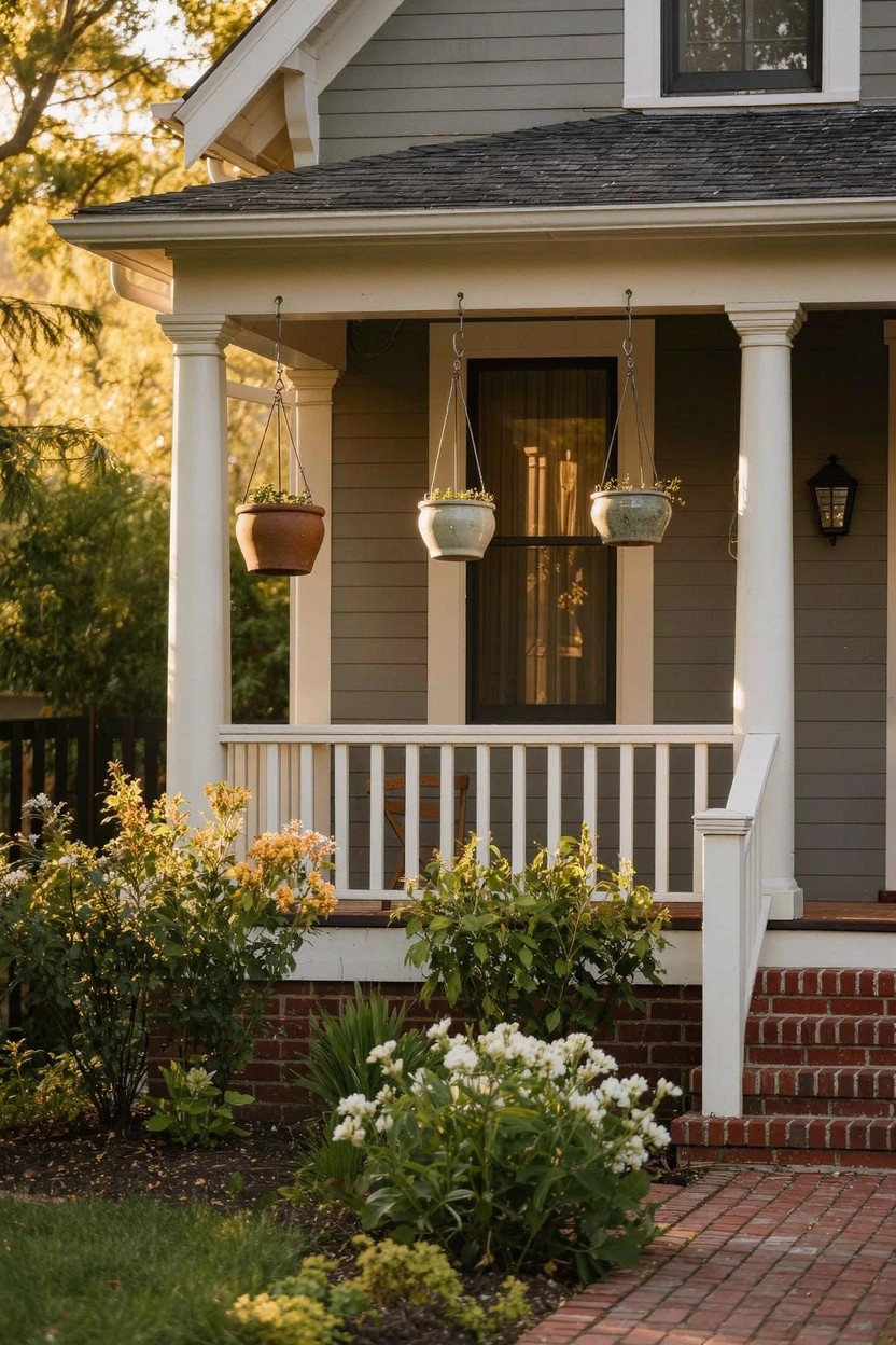Gray shingled house with covered front porch, white columns holding hanging planters, lantern light, brick steps, and low shrubs with flowers along the base.