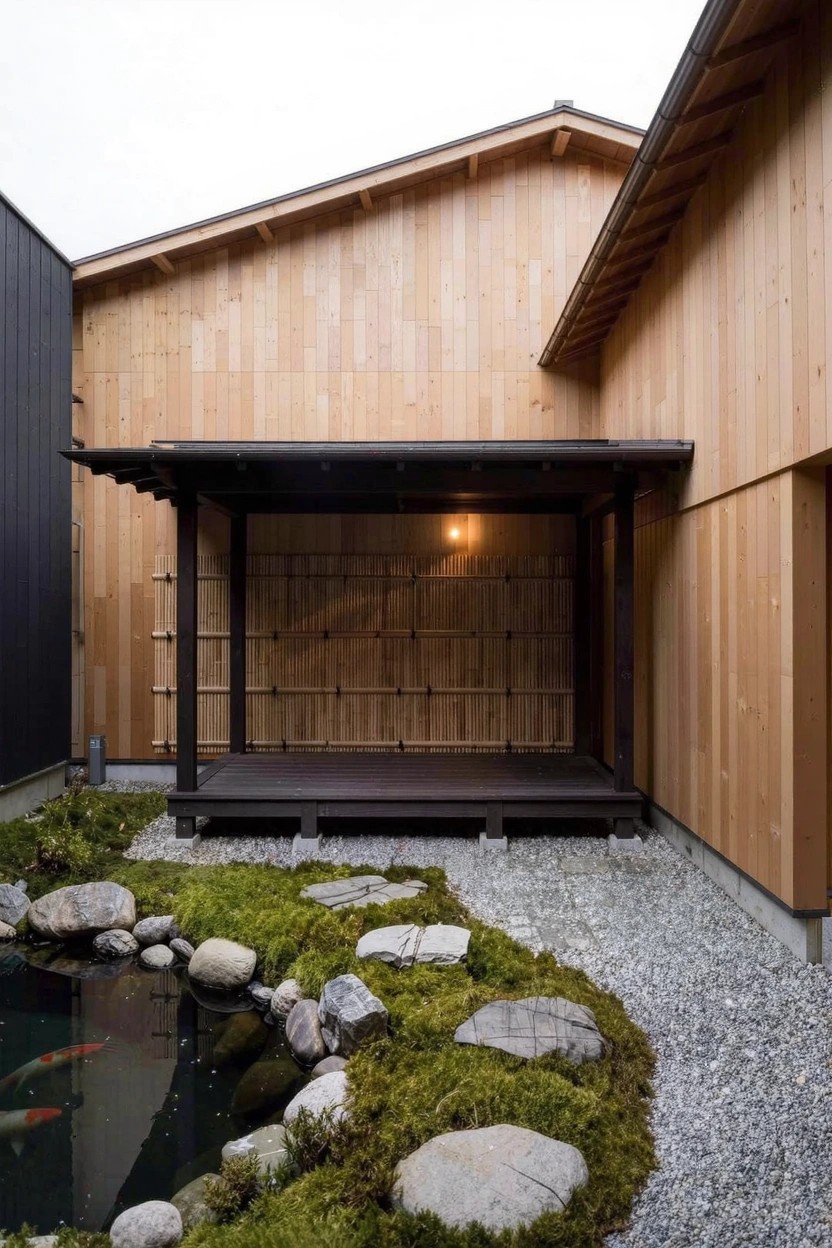 Wooden house exterior featuring a raised porch with dark frames and bamboo screens overlooking a small koi pond surrounded by rocks, moss, and gravel.