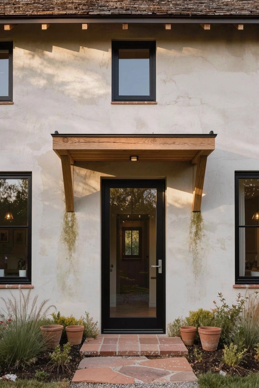Light beige stucco house exterior with black-framed windows, a clear glass front door under a projecting wooden porch overhang with exposed beams, brick entry steps, potted plants, and ornamental grasses.