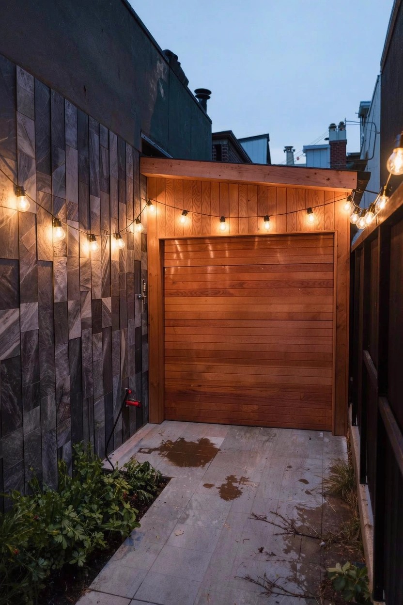 Narrow urban passageway at dusk with a wooden garage door, gray slate wall on one side, cedar-covered overhang strung with warm white lights, concrete ground, and small plants along the edges.