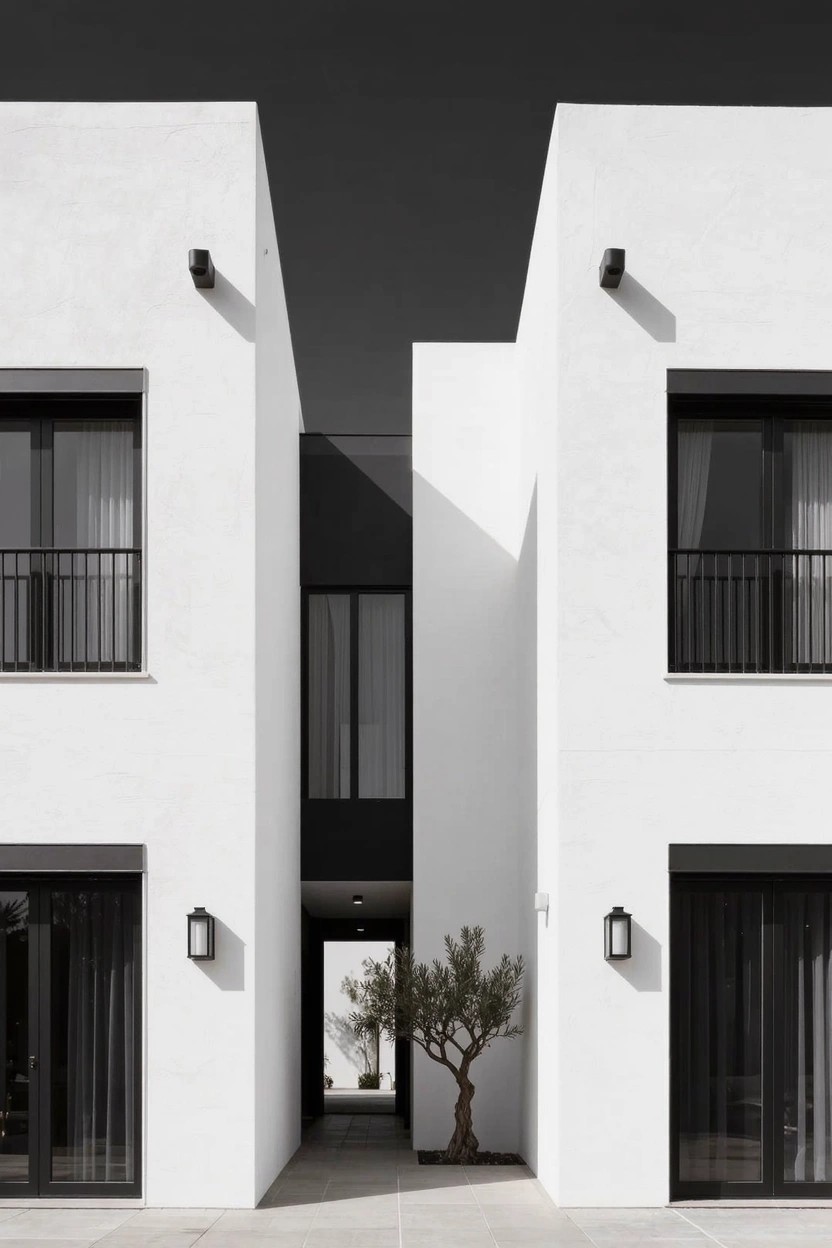 Symmetrical white walls with black-trimmed windows and doors flanking a central concrete pathway with an olive tree and wall lights leading to a glass entry.