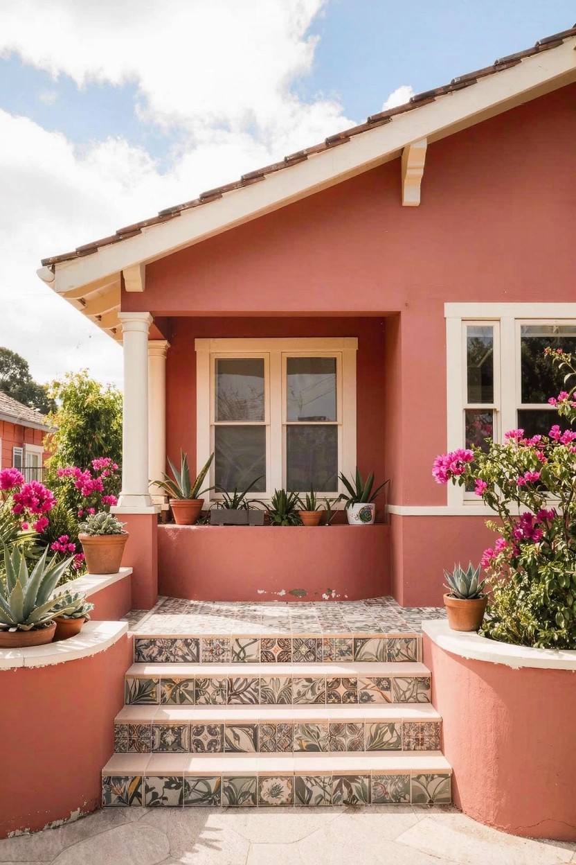 Coral-pink stucco house with white window trim, a porch entry, patterned blue and green tiled steps flanked by potted agaves and pink bougainvillea.