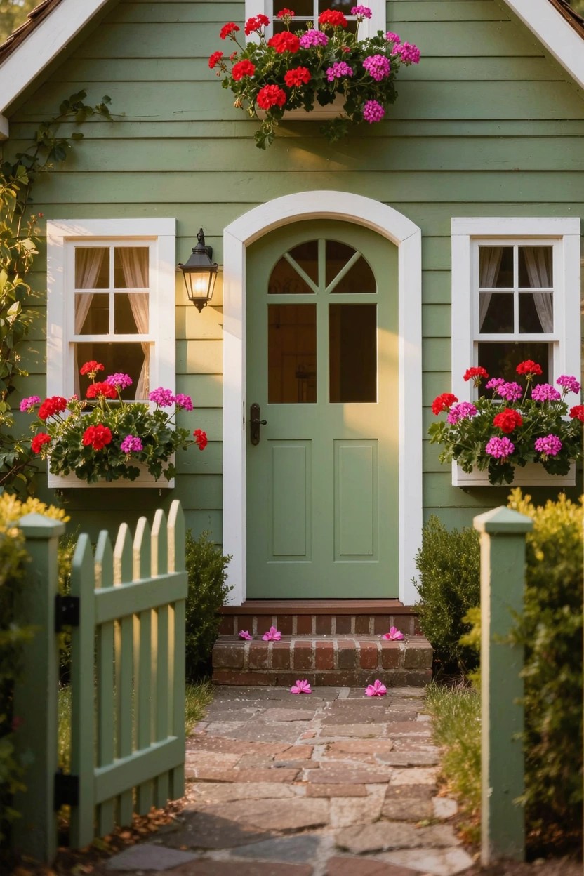 Small green cottage-style house with white trim, arched green door flanked by flower boxes of red geraniums, hanging baskets overhead, lantern light, picket fence, brick steps, and stone pathway.