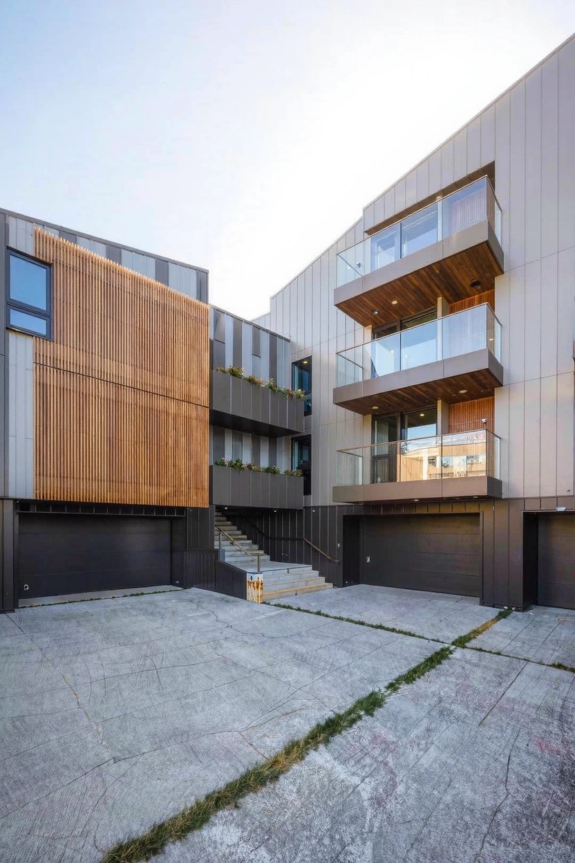 Modern three-story house exterior with gray metal siding, vertical wood cladding on angled sections, glass balconies, concrete stairs, and double garage doors on a paved driveway.