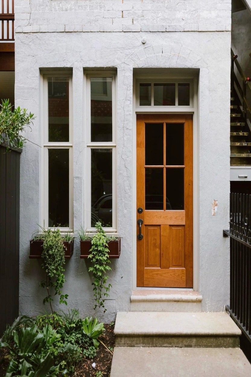 White rendered exterior of a narrow house with a wooden front door featuring glass panels, flanked by double-hung windows with flower boxes, concrete entry steps, plants at the base, and a metal fence nearby.