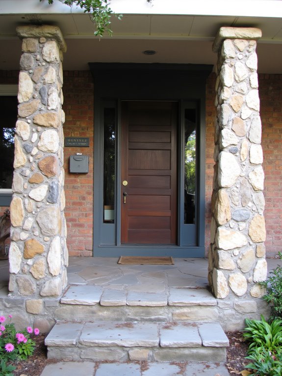 charming stone pillars enhance entryway