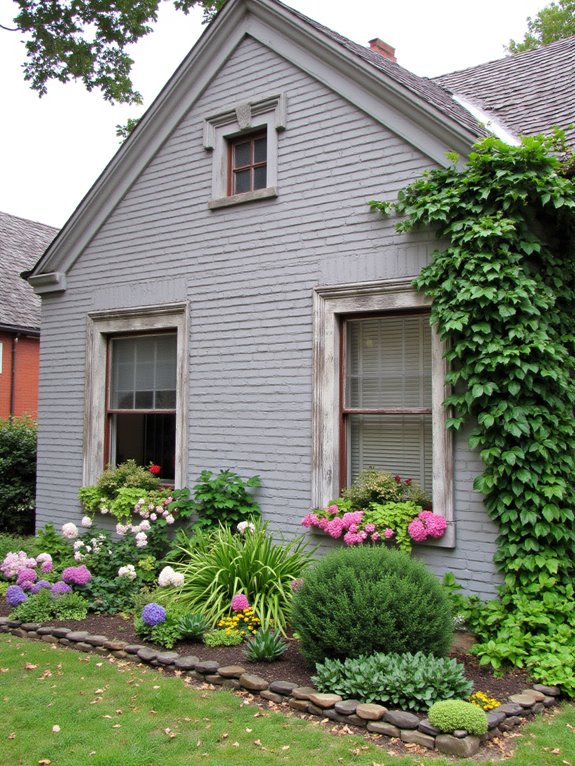 colorful landscaping enhances gray