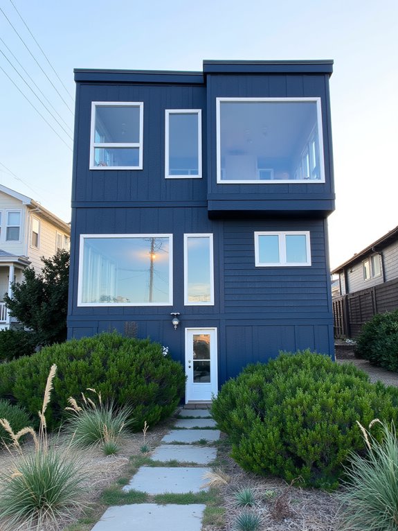 navy blue homes illuminated