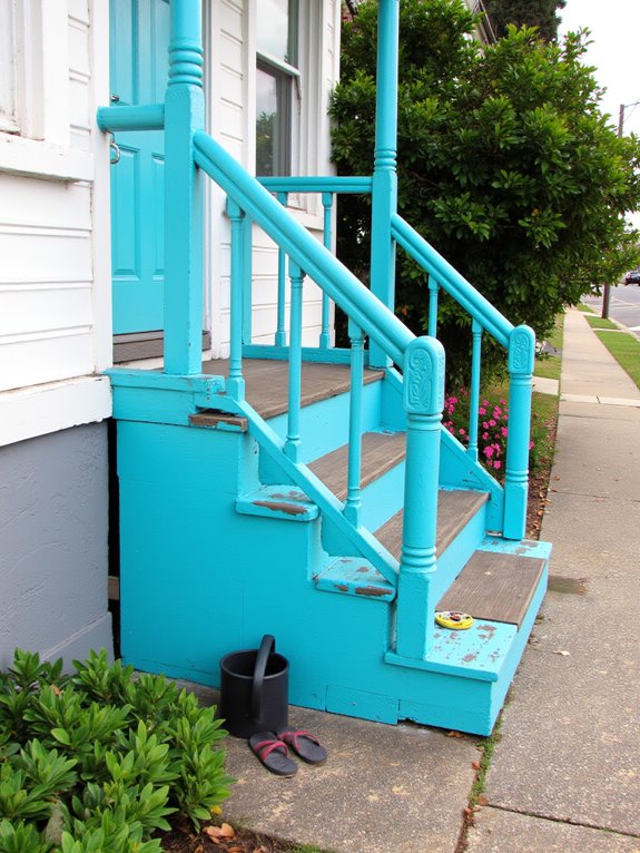 turquoise railings enhance coastal charm