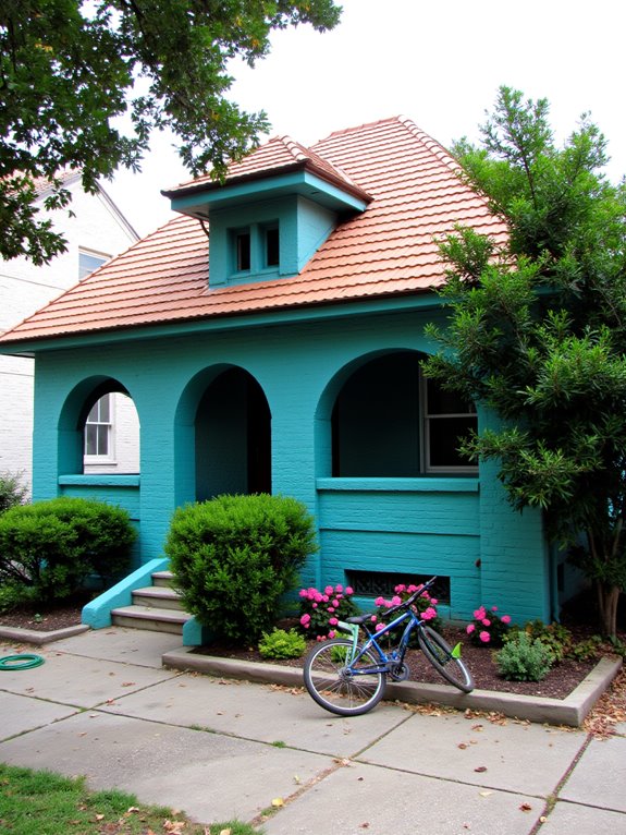 vibrant teal brick houses
