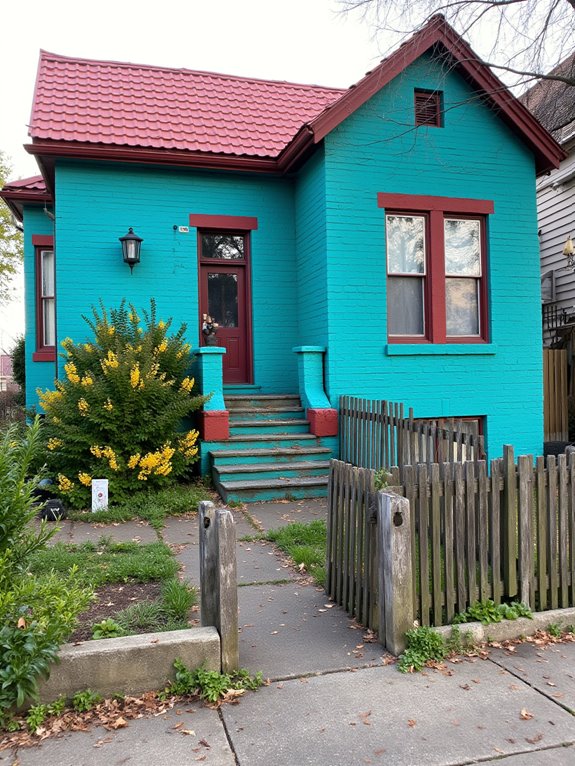 vibrant turquoise brick houses