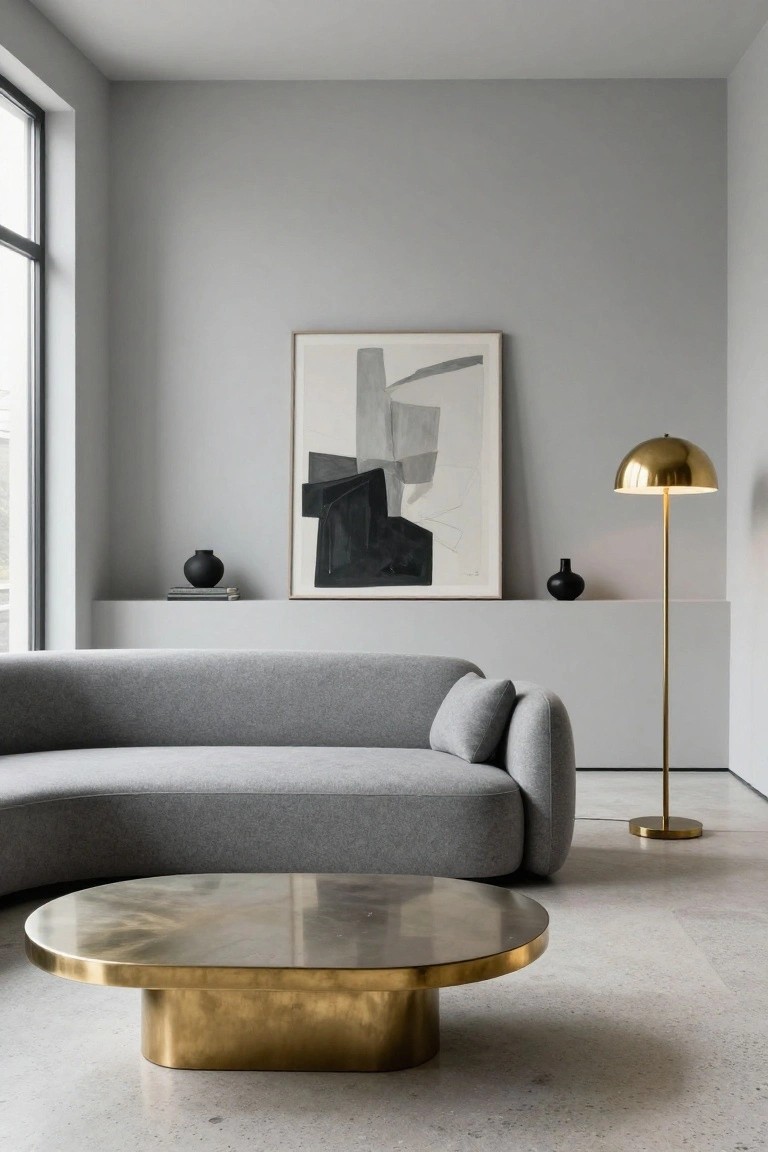 Modern living room featuring a curved light grey sofa, oval brass coffee table, gold floor lamp, abstract black and white artwork on a shelf unit, and large window against pale grey walls and terrazzo floor.