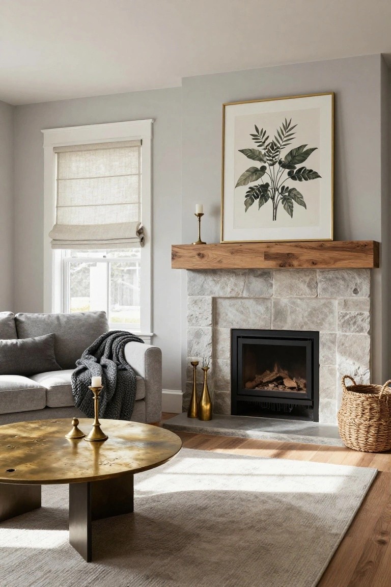 A living room with light grey walls, a stone fireplace with wood mantel, grey sofa with throw blanket, brass coffee table and candlesticks, and a large gold-framed botanical print above the mantel.
