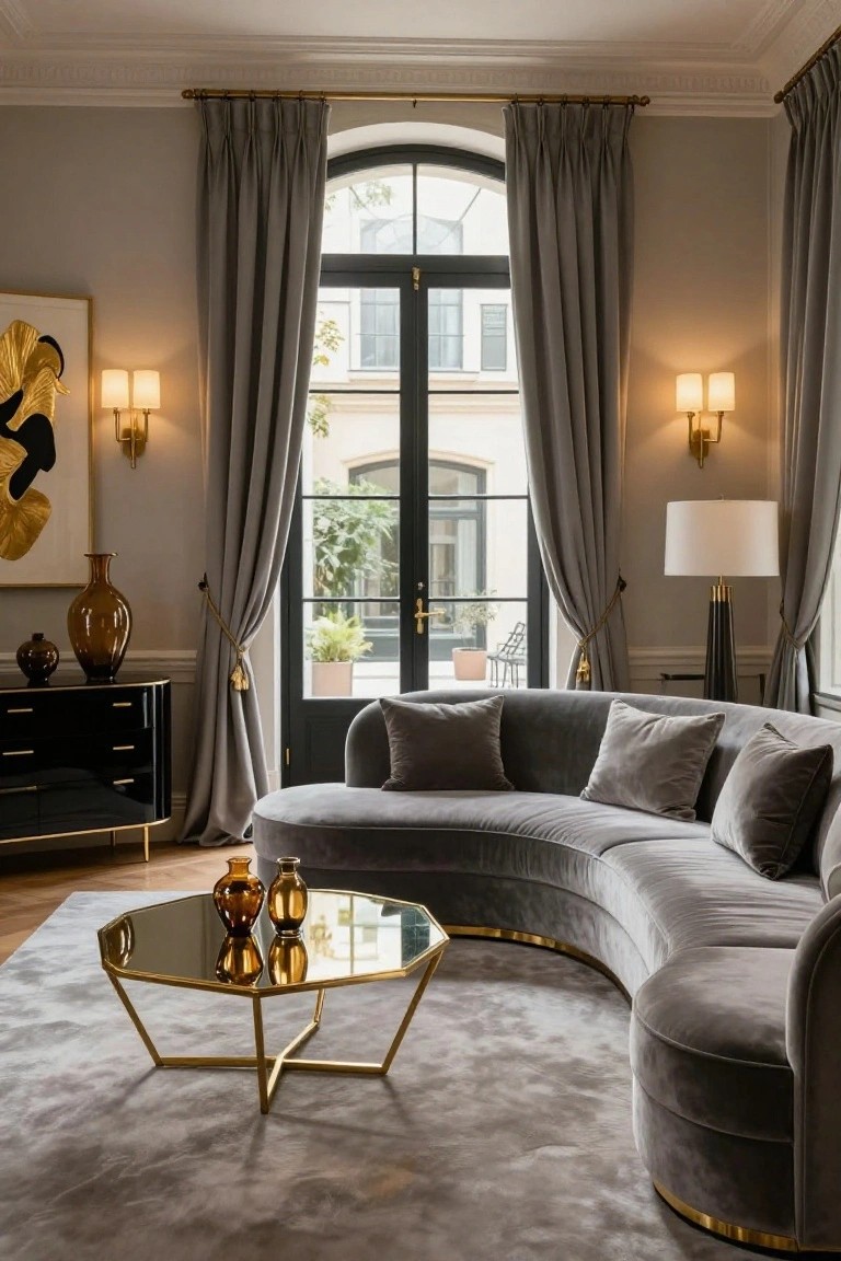 Elegant gray curved sofa with gold coffee table in a luxurious living room.