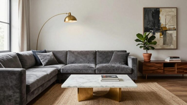 Modern living room with grey velvet sofa, white marble coffee table with gold legs and bowls, ficus plant in terracotta pot, abstract black and gold painting on wall, brass arc lamp, and beige curtains.