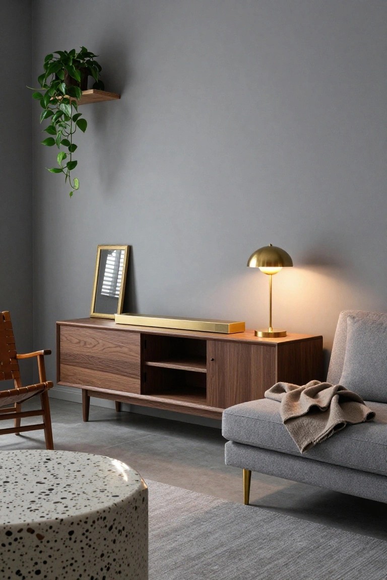 Light grey living room with wooden credenza topped by gold soundbar and brass lamp, grey sofa with beige throw, tan leather chair, potted trailing plant on shelf, and white terrazzo stool on grey rug.