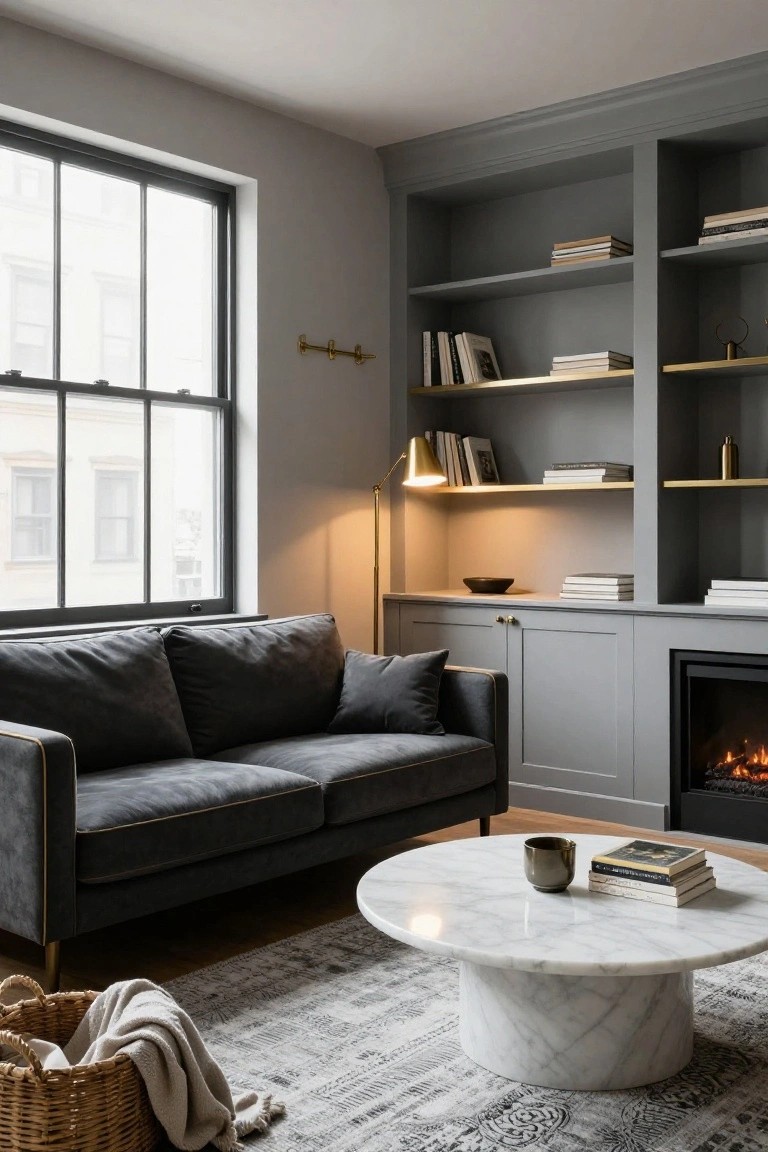 Living room featuring a dark grey velvet sofa, round white marble coffee table, woven rug, grey built-in shelving and cabinets with brass accents and shelves, brass floor lamp, and gas fireplace.
