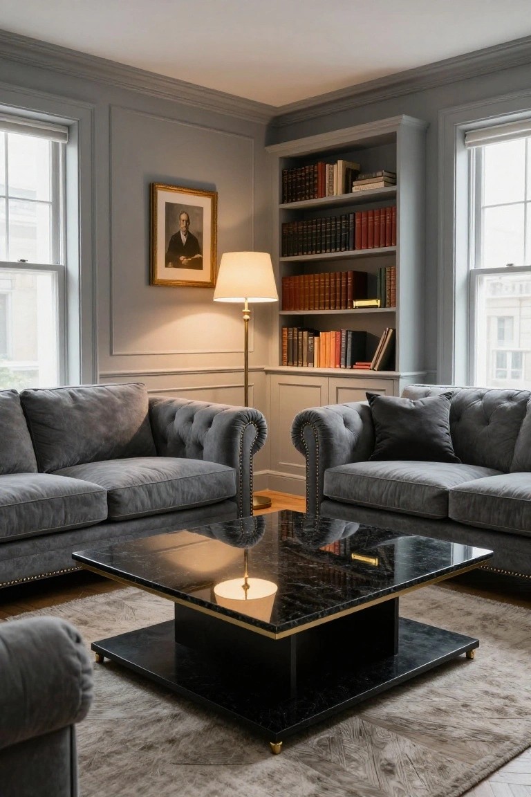 Gray-walled living room corner featuring two facing gray velvet tufted sofas, black marble coffee table with gold accents, bookshelves filled with books, a floor lamp, and large windows with shades.