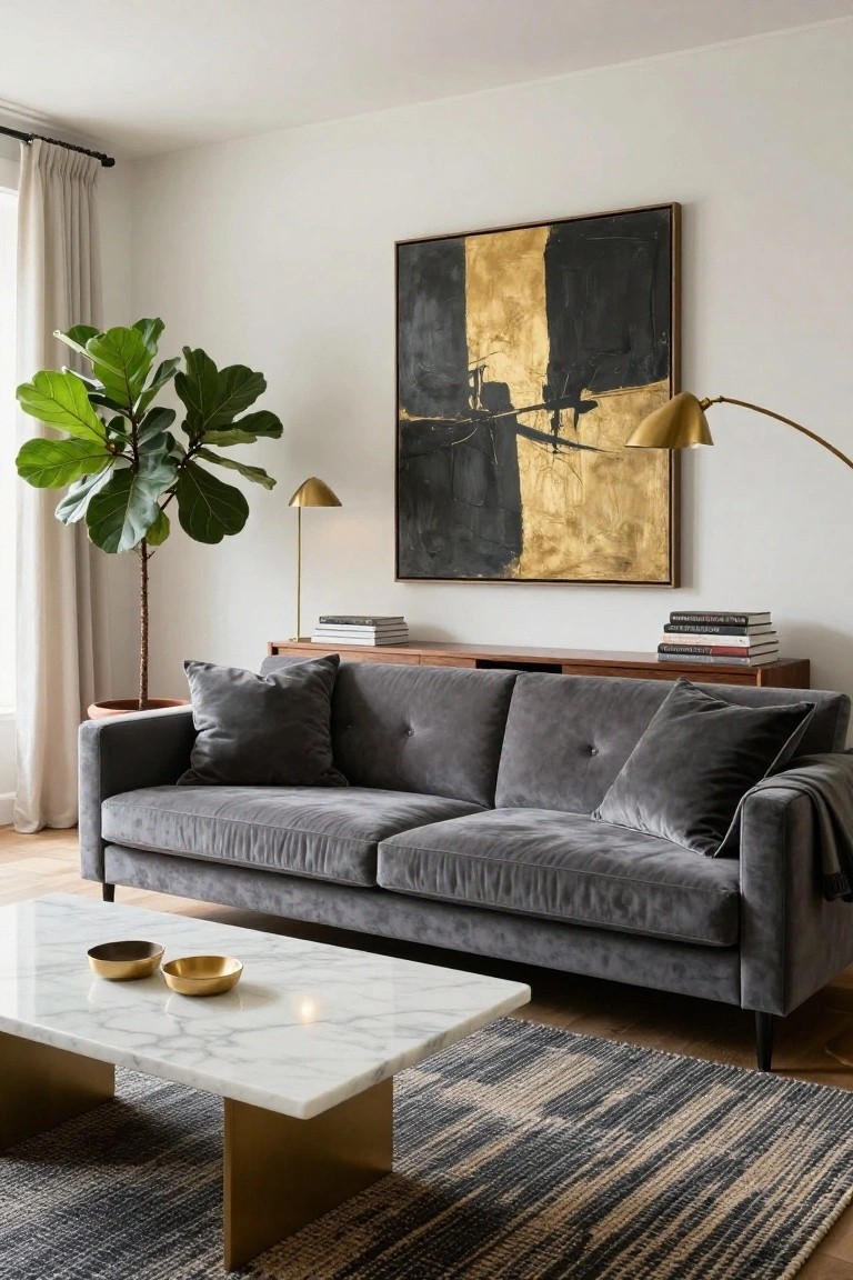 Modern living room with grey velvet sofa, white marble coffee table with gold legs and bowls, ficus plant in terracotta pot, abstract black and gold painting on wall, brass arc lamp, and beige curtains.