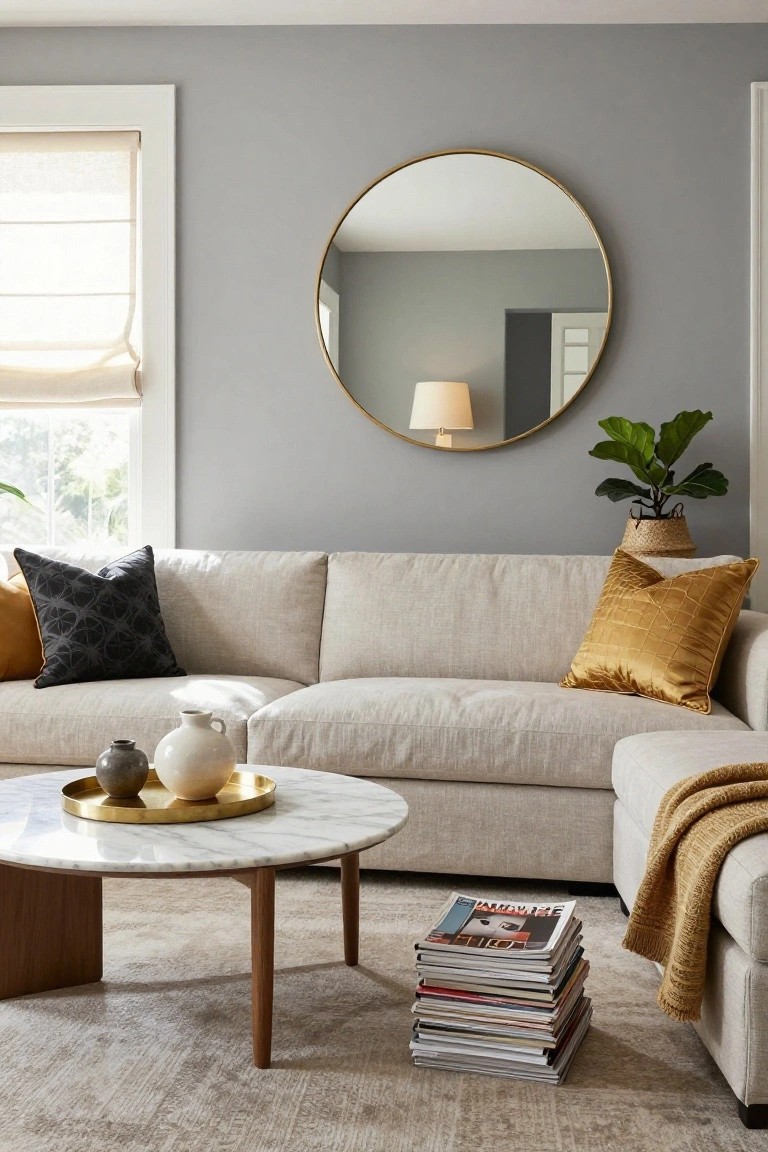 Modern living room with beige sofa, round mirror, and marble coffee table.