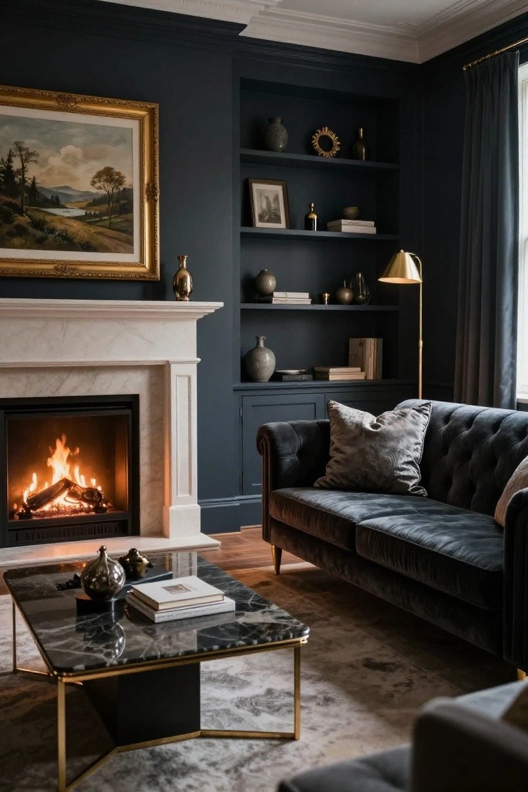 A cozy living room featuring deep navy walls, a white marble fireplace with a burning fire, navy velvet tufted sofa, gold-accented coffee table, bookshelves, and a gold floor lamp.