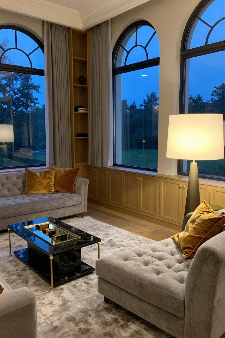 A living room with two tufted grey velvet sofas adorned with mustard yellow velvet pillows, a black marble coffee table with gold legs and mirrored top, oak built-in cabinetry and shelving, tall white lamps, and large arched windows with grey drapes overlooking trees at dusk.