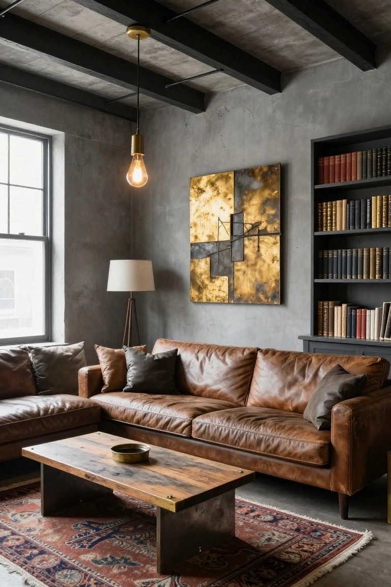Modern living room with grey concrete walls and ceiling with exposed black beams, tan leather L-shaped sofa, wooden coffee table with metal legs, built-in black bookshelves filled with books, gold and black abstract wall art, floor lamp, and brass pendant light.