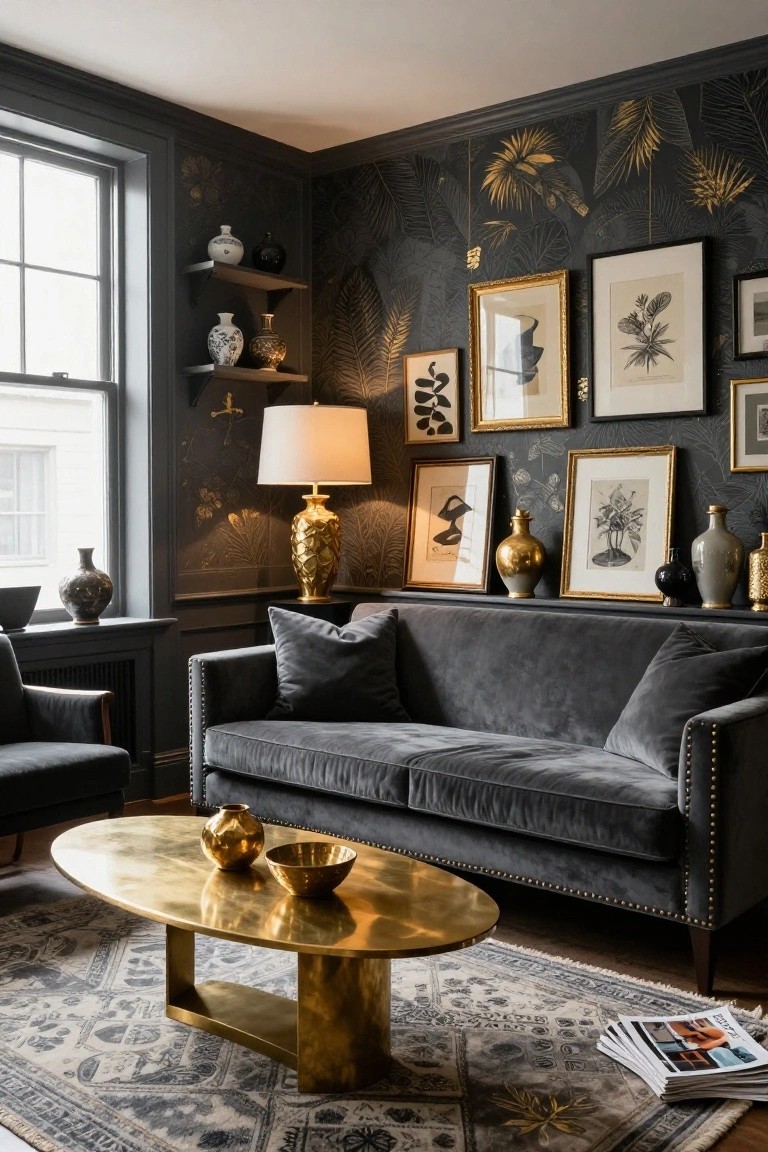 Corner of a living room with dark palm-motif wallpaper, grey velvet tufted sofa, oval brass coffee table with gold bowls, brass pineapple lamp, shelves of ceramic vases, and a gallery wall of framed botanical art and prints.