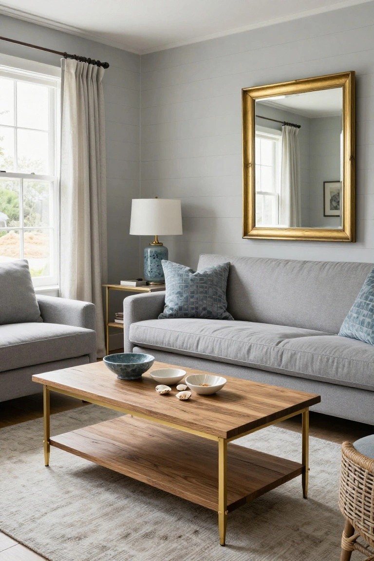 Light gray living room with two gray sofas, wooden coffee table with brass legs and shelf holding blue bowls and shells, large gold-framed mirror on wall, table lamp on gold side table, white curtains on window, neutral rug, and wicker stool.