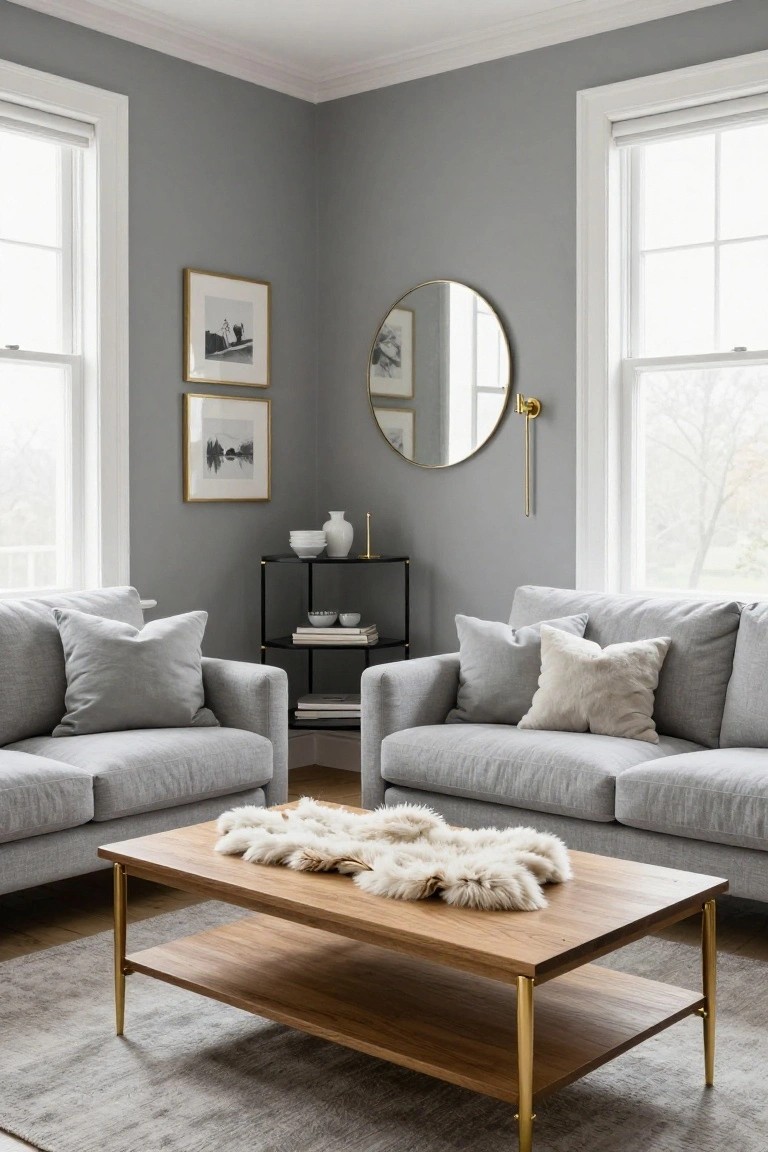 Light gray living room corner with gray walls, two facing gray upholstered sofas, wood-top coffee table with brass legs and white faux fur throw, gold round mirror, gold wall sconce, black metal shelf holding white ceramics and books, and large white-framed windows with roller shades.