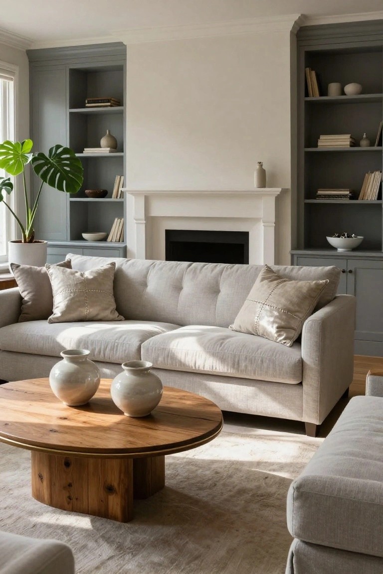 Sunlit living room with light gray linen sofa, round wooden coffee table with brass edge and two white ceramic vases, white fireplace flanked by gray built-in bookshelves, potted monstera plant, and beige rug.
