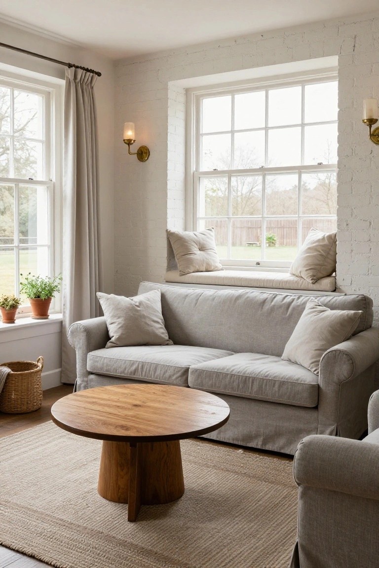 Light grey slipcovered sofas in a living room with large multipane windows, white walls, exposed brick, wooden pedestal coffee table, seagrass rug, potted plants, and window seat cushions.