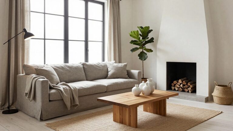 15 Grey Couch Living Room Ideas A light-filled living room with a grey fabric sofa, low wooden coffee table, white walls, large windows with sheer curtains, floor lamp, ficus plant, and fireplace with firewood stack.