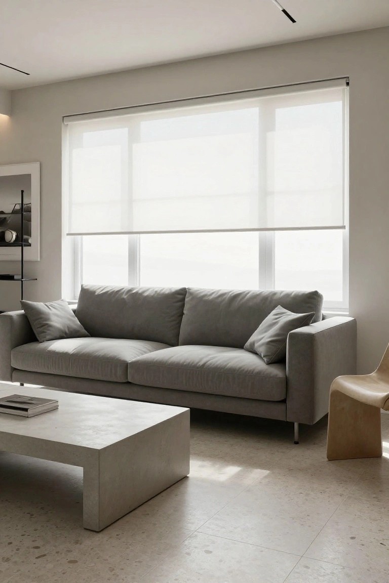 Modern living room with light grey fabric sofa, low white concrete coffee table, curved wood chair, sheer roller blinds on large triple window, and speckled terrazzo floor.