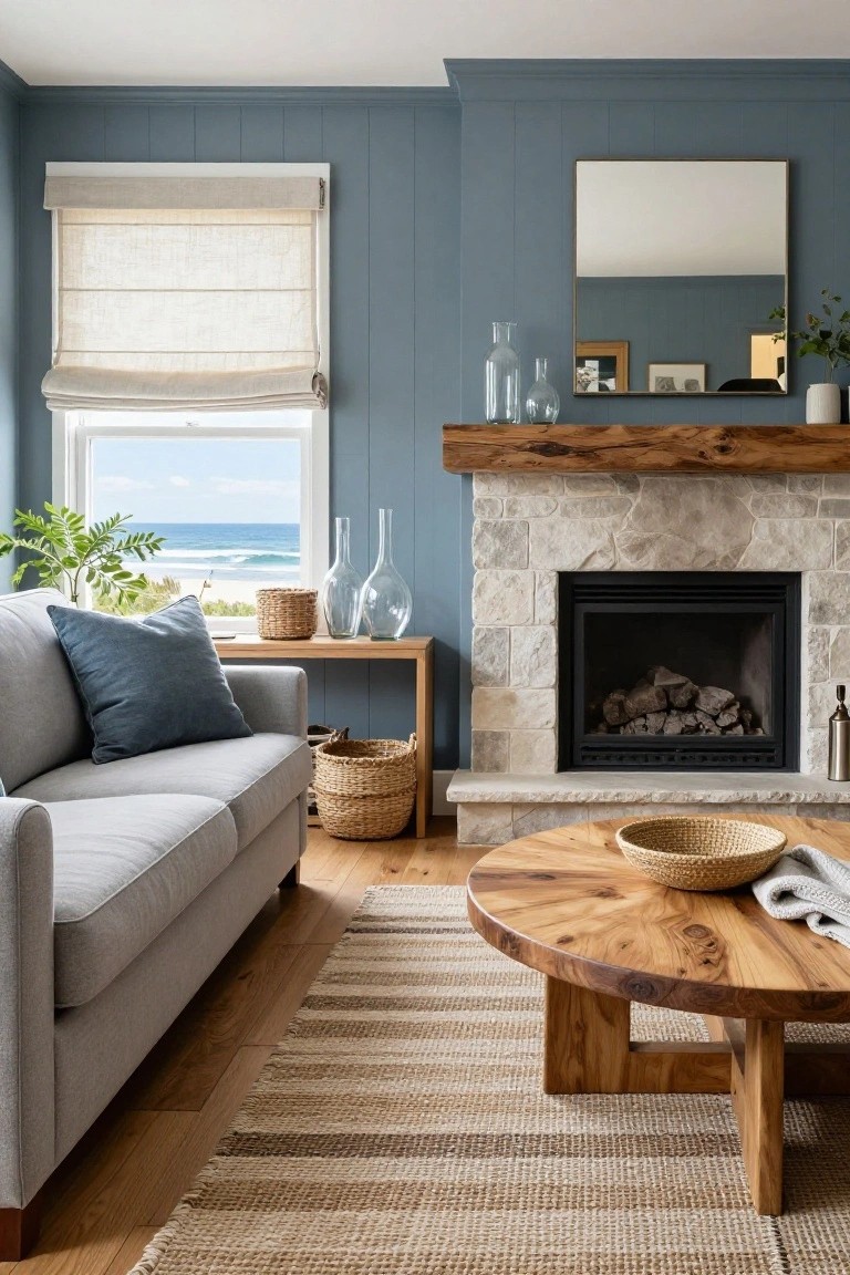 Light grey L-shaped sofa in a living room with blue shiplap walls, stone fireplace under wooden mantel, round wooden coffee table, woven baskets, and window overlooking beach and ocean.