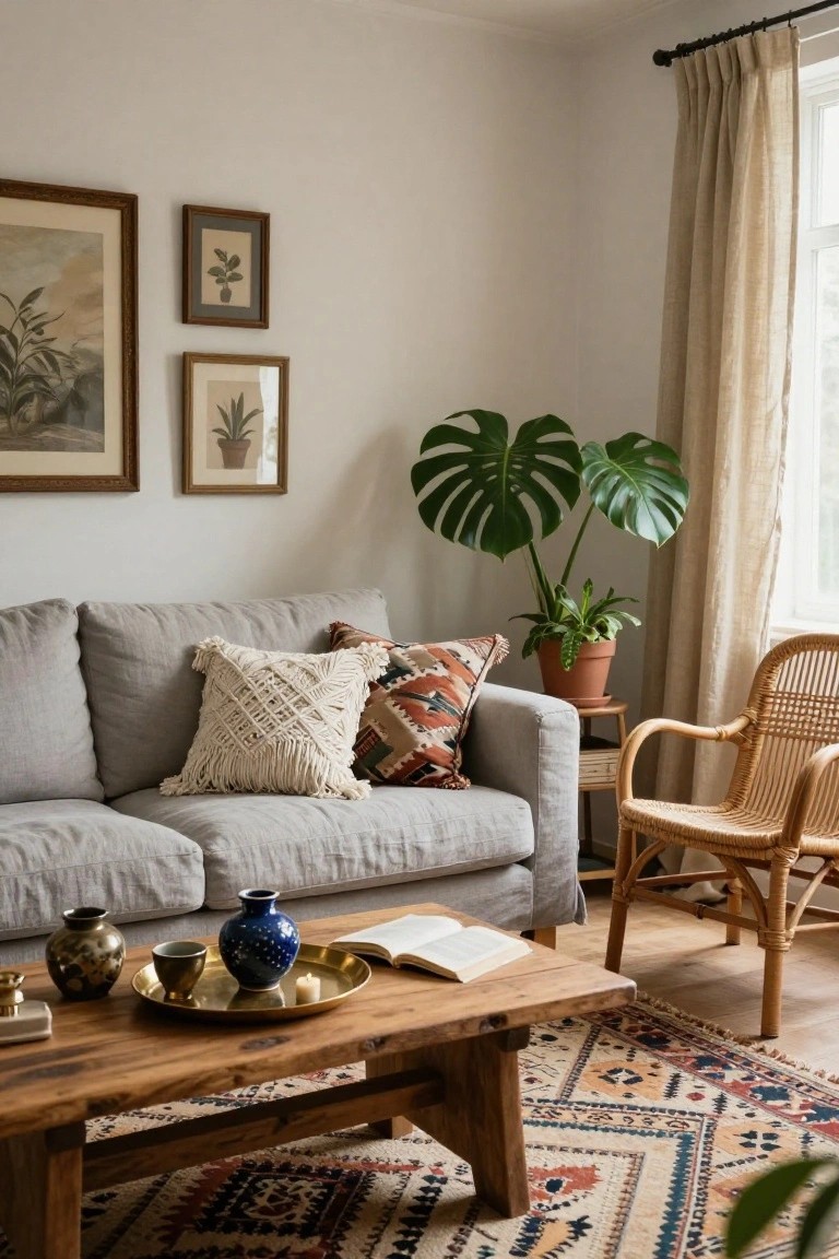 Light gray linen sofa in a corner living room with white macrame pillow, terracotta patterned pillow, two large monstera plants in pots, rattan armchair, wooden coffee table holding brass tray and blue vase, beside linen curtains and framed art on white walls.