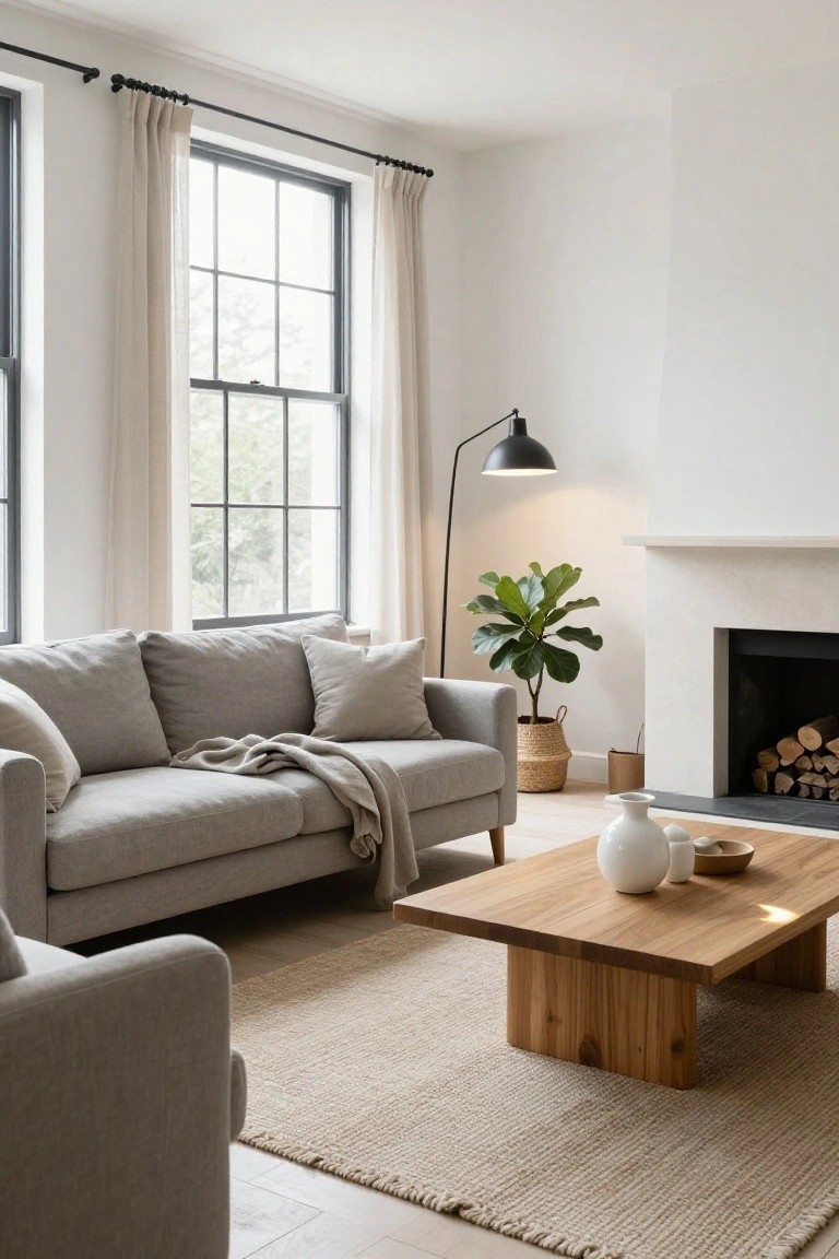 A light-filled living room with a grey fabric sofa, low wooden coffee table, white walls, large windows with sheer curtains, floor lamp, ficus plant, and fireplace with firewood stack.