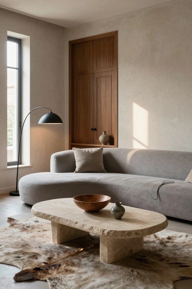 Modern living room with curved light gray fabric sofa, oval travertine coffee table holding wooden bowl and ceramic vases, arc floor lamp, beige walls, wooden cabinets, and cowhide rug on light wood floor.