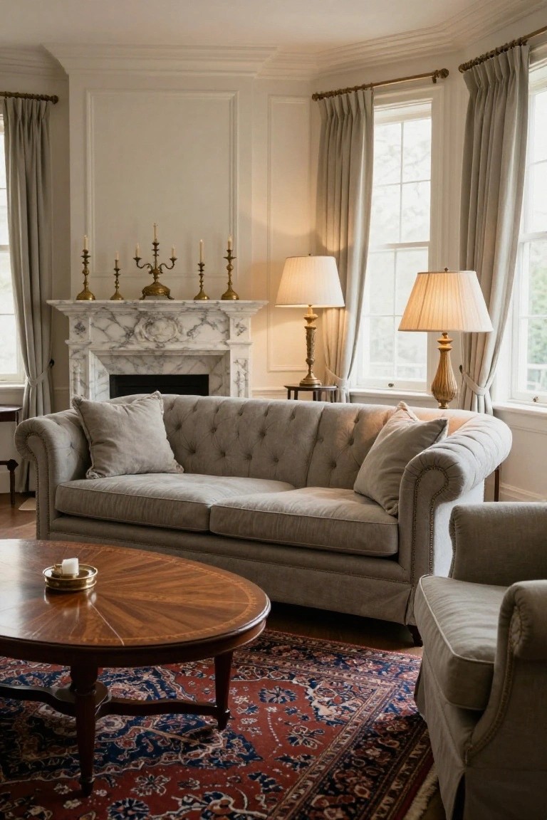 Formal living room interior with light gray tufted Chesterfield sofa facing ornate white marble fireplace topped with brass candelabras, round wood coffee table on red Persian rug, two matching armchairs, beige curtains on tall windows, and two table lamps.