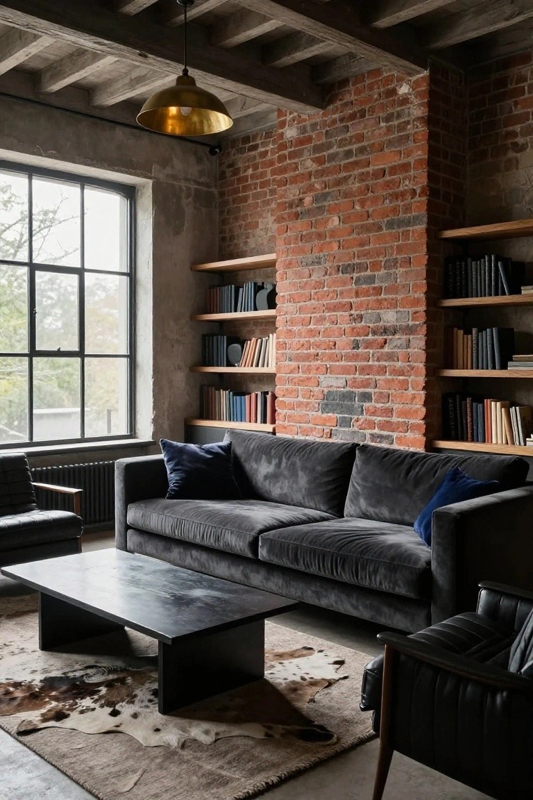 Living room with grey velvet L-shaped sofa, black rectangular coffee table, two leather armchairs, cowhide rug, wooden bookshelves on exposed brick walls, gold pendant light, and large industrial window.